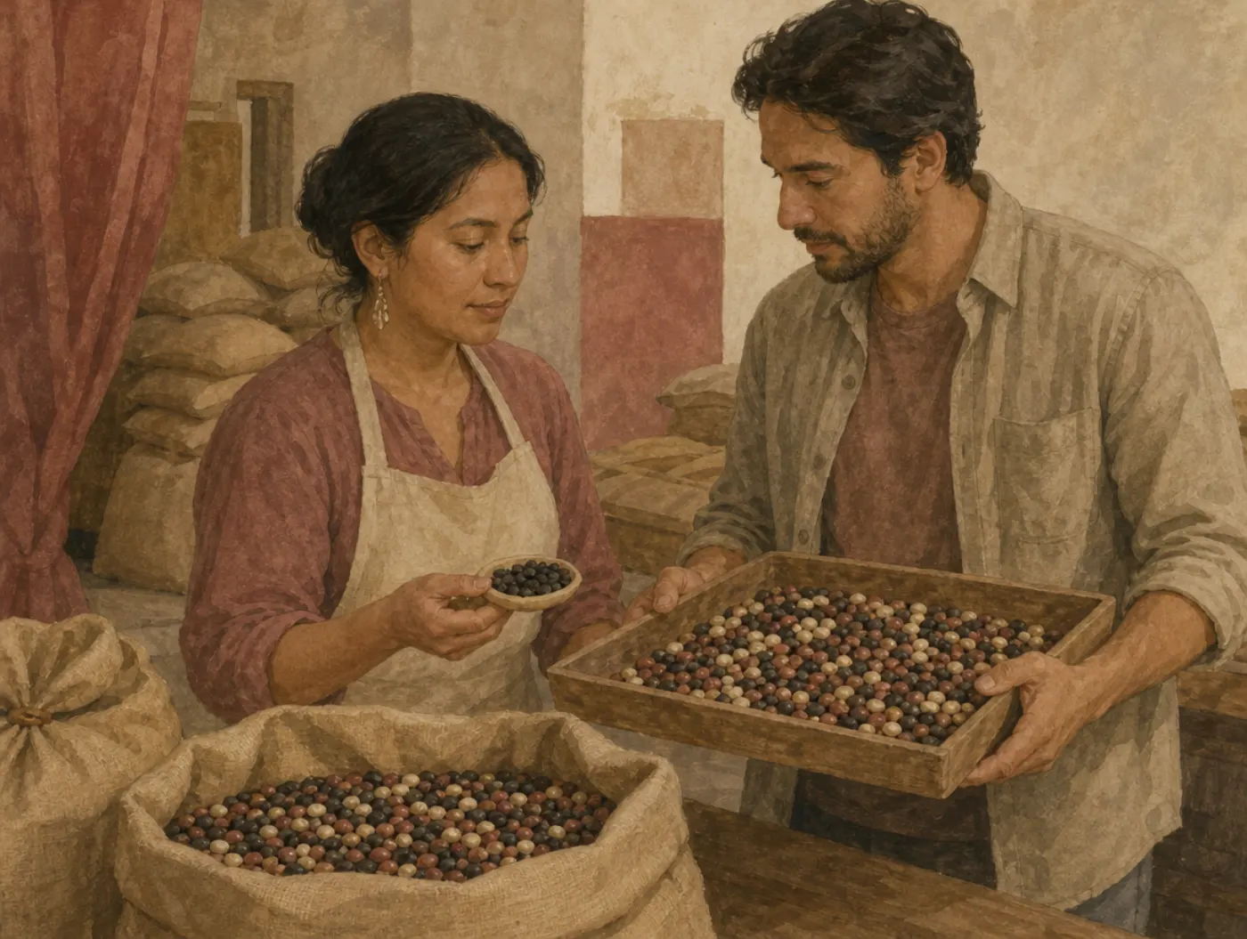 A shopkeeper weighs a tiny saucer of beans that happen to be all dark against a broad tray of mixed beans, both scooped from the same sack.