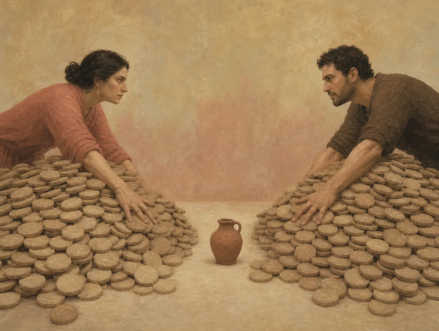 Two bidders glare at each other across a plain little clay jug while each pushes forward a mound of tokens far larger than anything the jug is worth.