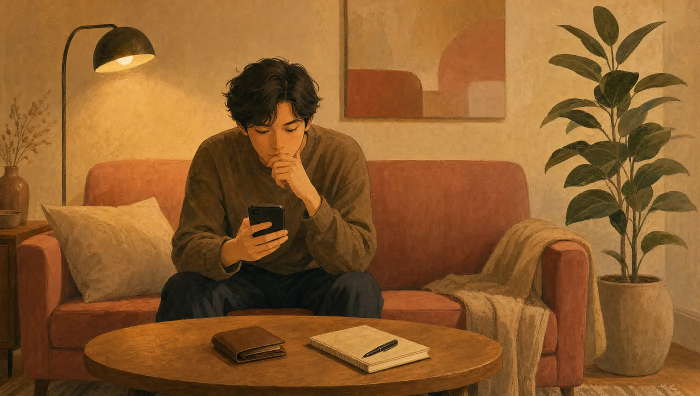 Illustration of a person on a small sofa looking at a phone with a wallet and notebook on the table