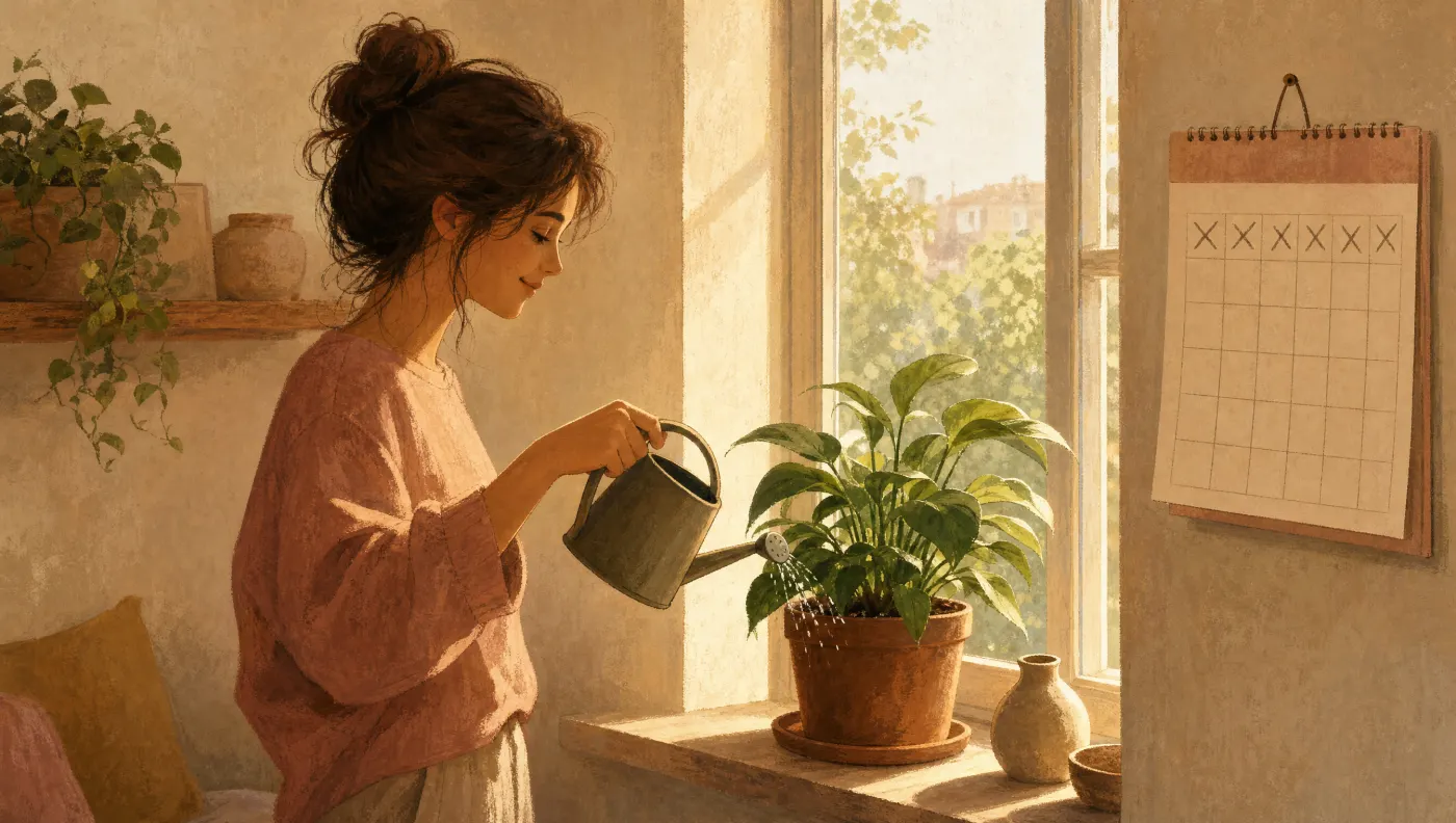 Illustration of a person watering a healthy plant on a windowsill beside a wall calendar