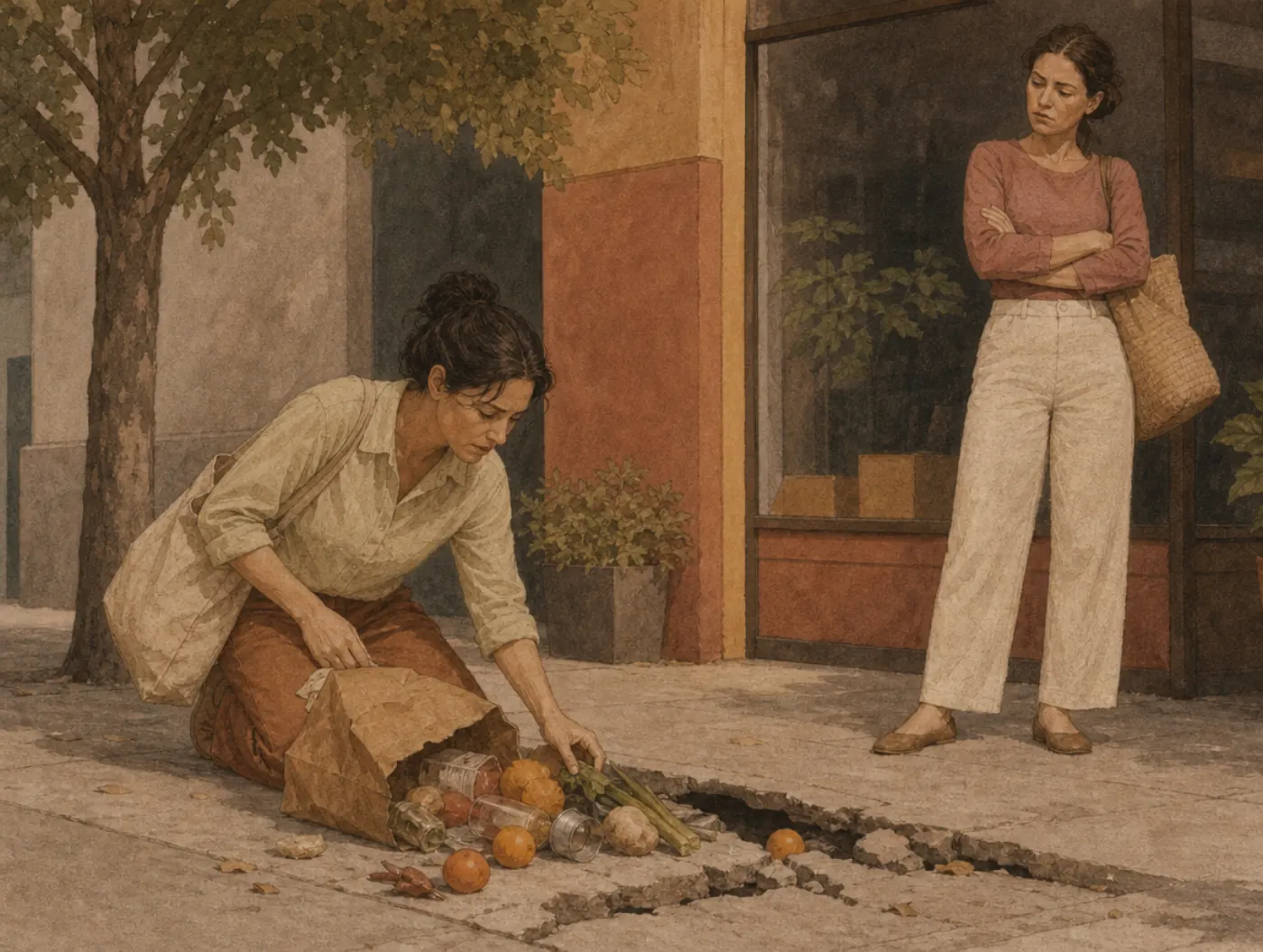 A woman gathers oranges from a torn grocery bag on the pavement while a bystander folds her arms in judgment, the broken paving slab in plain view.