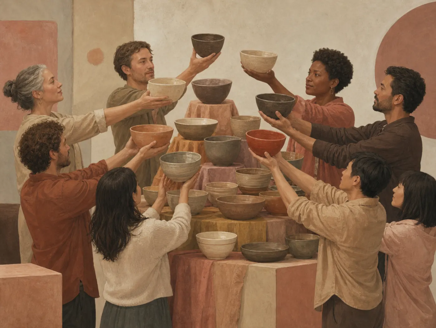 Lake Wobegon effect: everyone's bowl belongs above the pile Eight potters stand in a ring around a tiered display of bowls, each lifting their own bowl higher than the display as if it belonged on top.