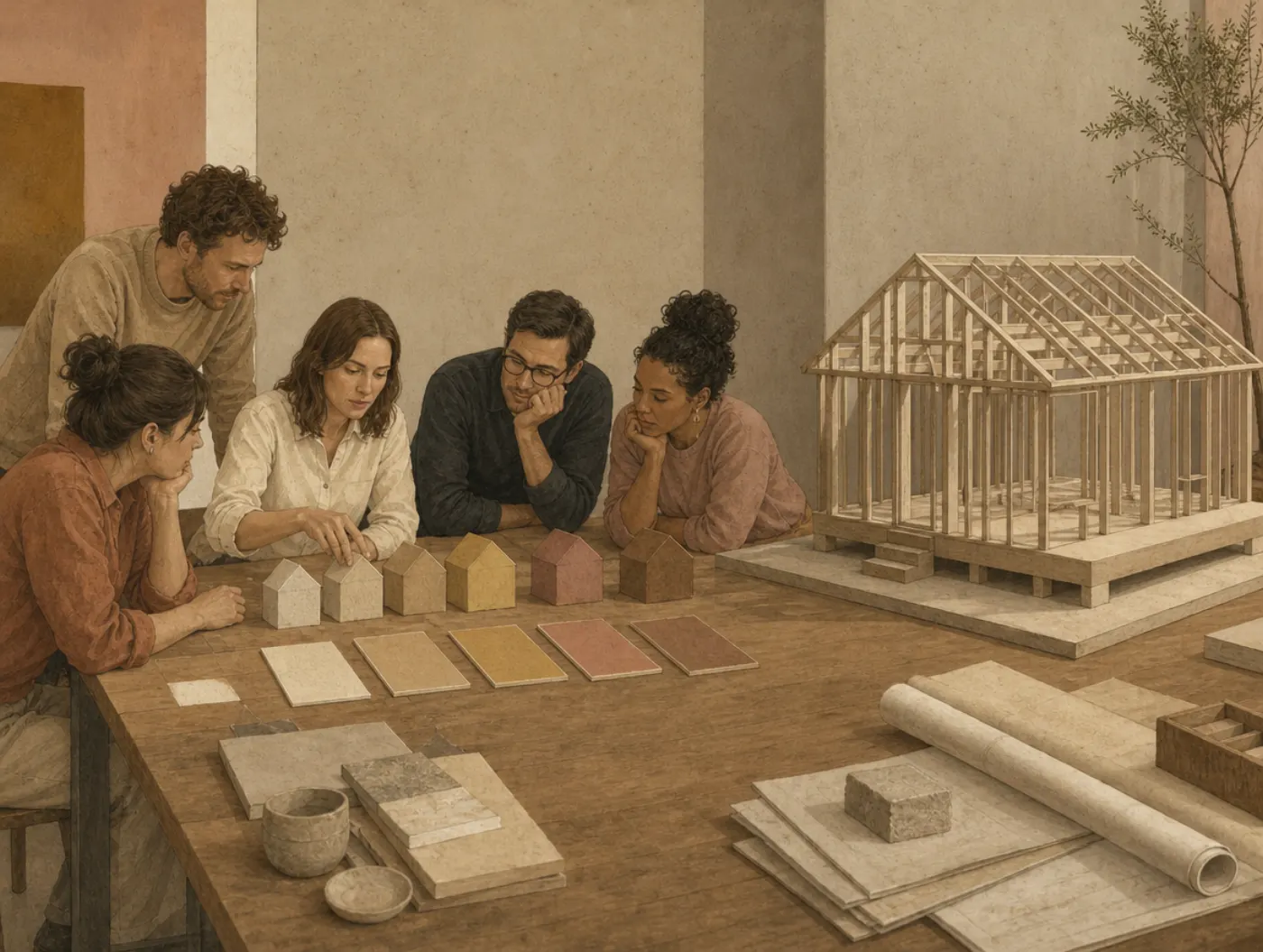 Five committee members lean in over tiny shed models and paint swatches, while a large unfinished timber-frame model sits ignored at the table's end.