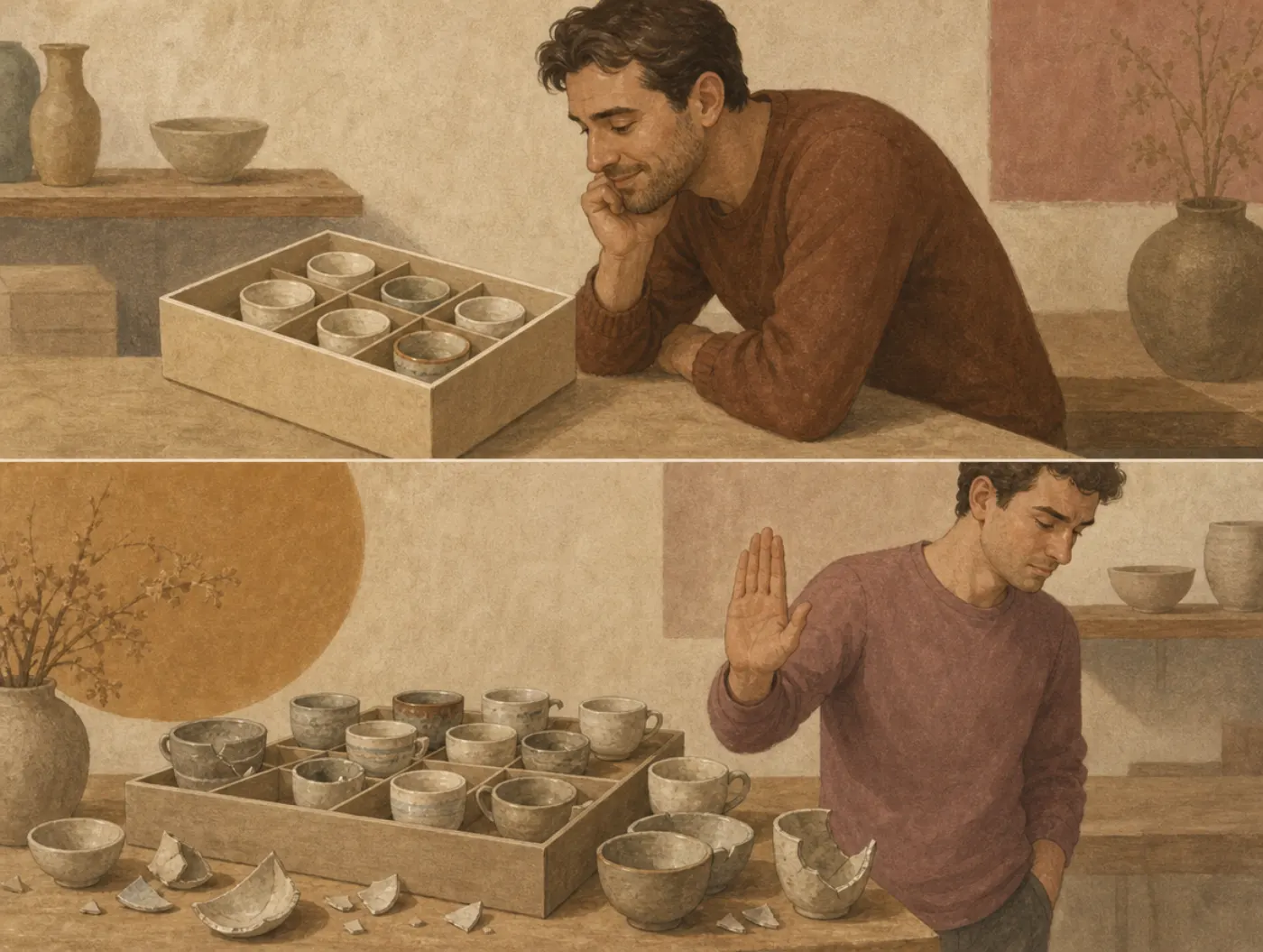 Two panels: a man smiles over a small boxed set of six intact cups; another waves off a larger set with more intact cups but broken extras beside it.