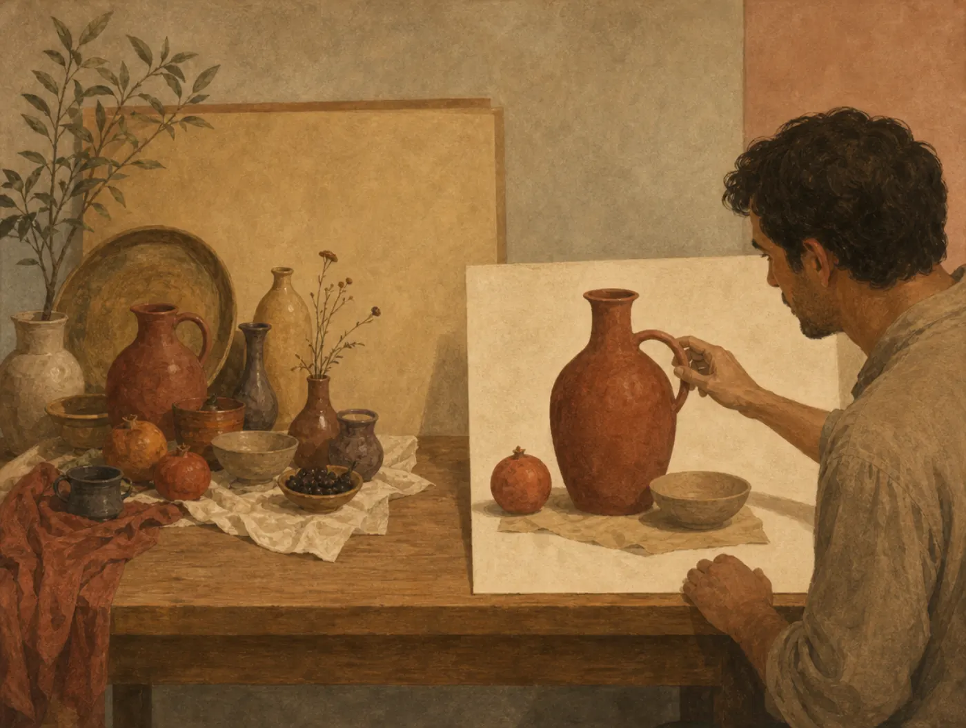 Leveling and sharpening: the retold still life loses most and enlarges the rest A painter retells a crowded still life on canvas with only three objects, the red-brown jug blown up to twice its size, the full original beside him.