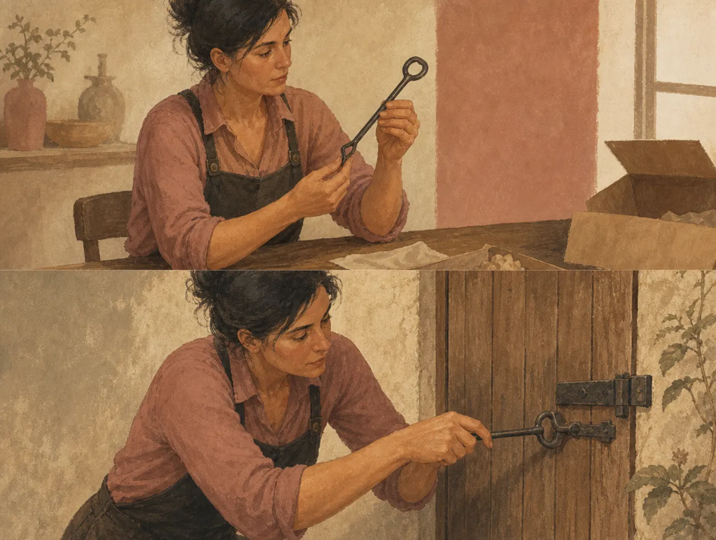 Two panels: a woman turns an unfamiliar iron key in her hands, studying only its shape; below, she puts the same key to work in a heavy door's lock.