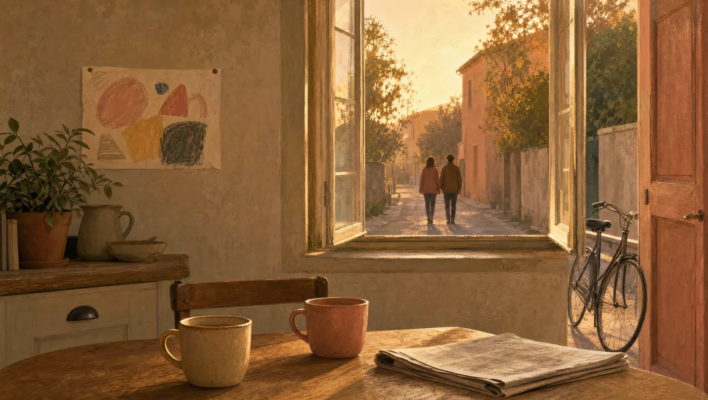 Illustration of a kitchen table at golden hour with two mugs, a child's drawing on the wall and a window onto a quiet street