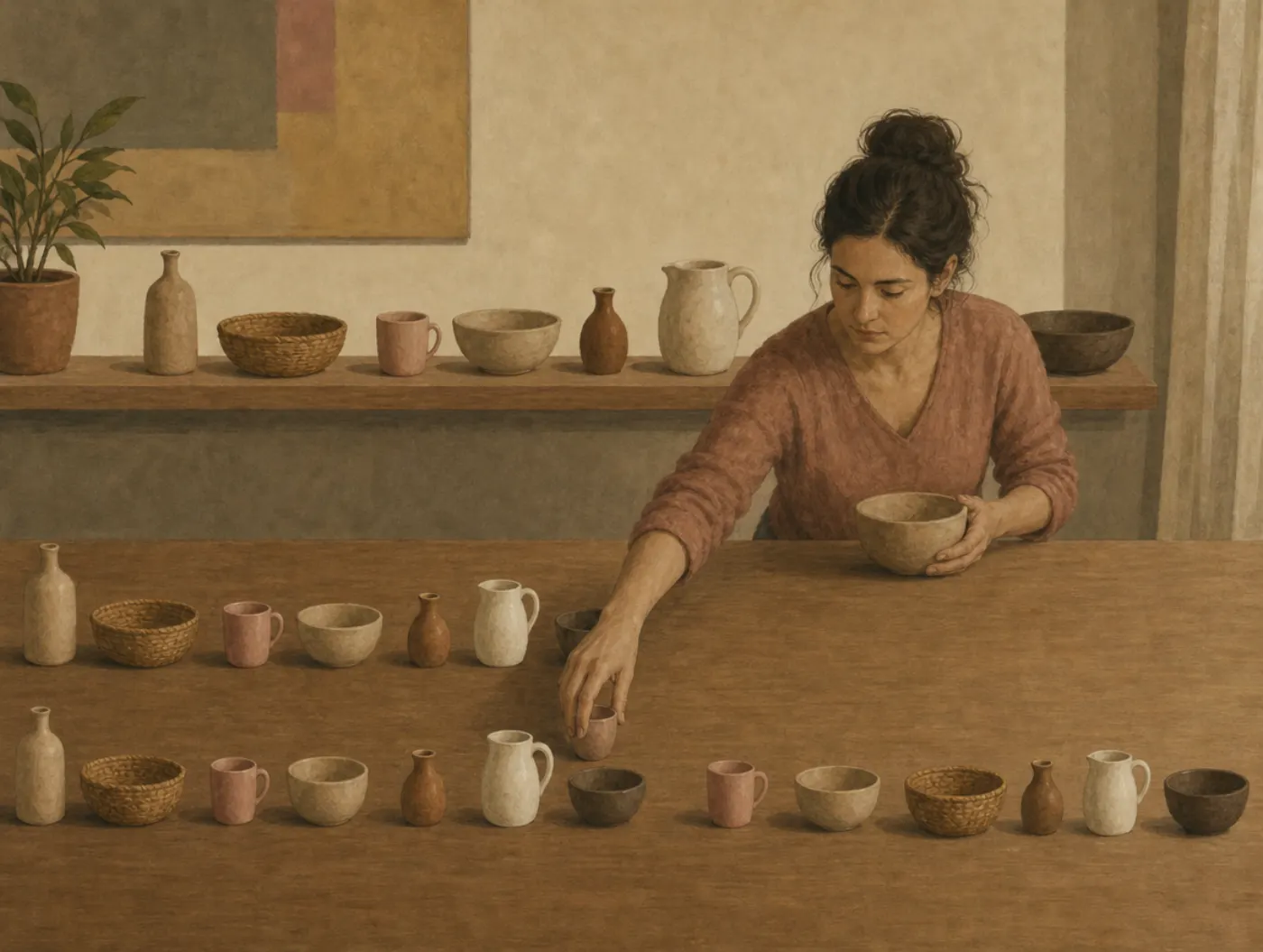 List-length effect: more items recalled, a smaller share of the list A woman rebuilds rows of cups and bottles from memory below the shelf of originals: a short row nearly complete, a longer row with more items and gaps.