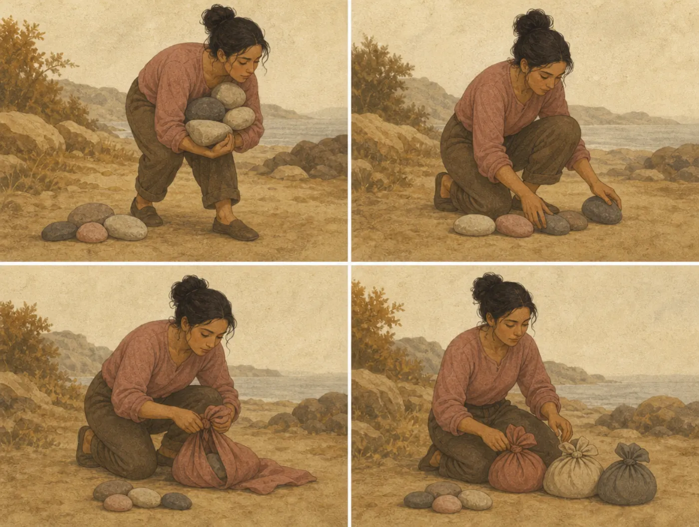Four panels: a woman struggles to carry loose stones, gathers them, ties them into cloth bundles, and finally lifts three bundles with ease.