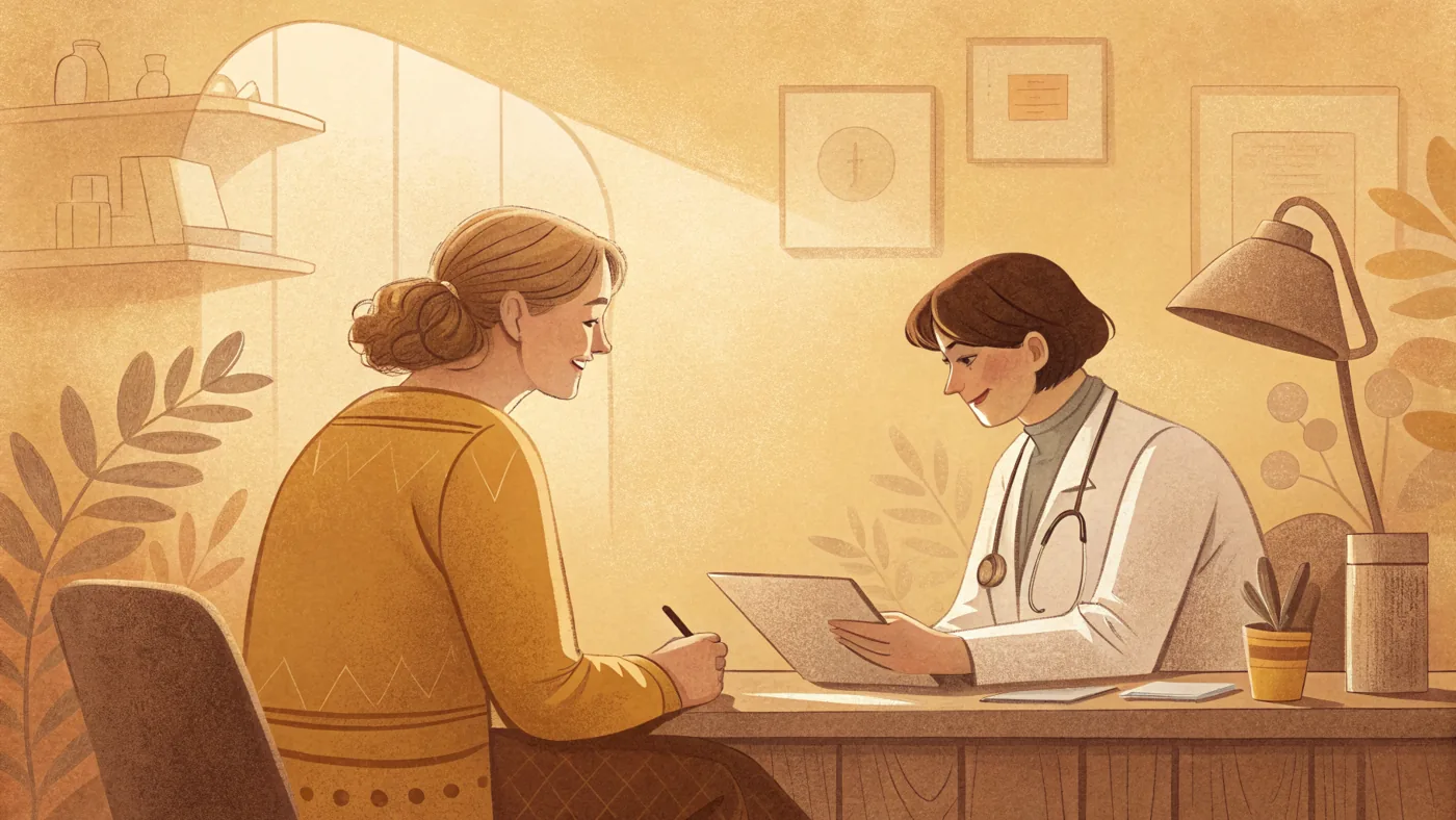 Illustration of a psychiatric medication management consultation between a patient and prescriber.