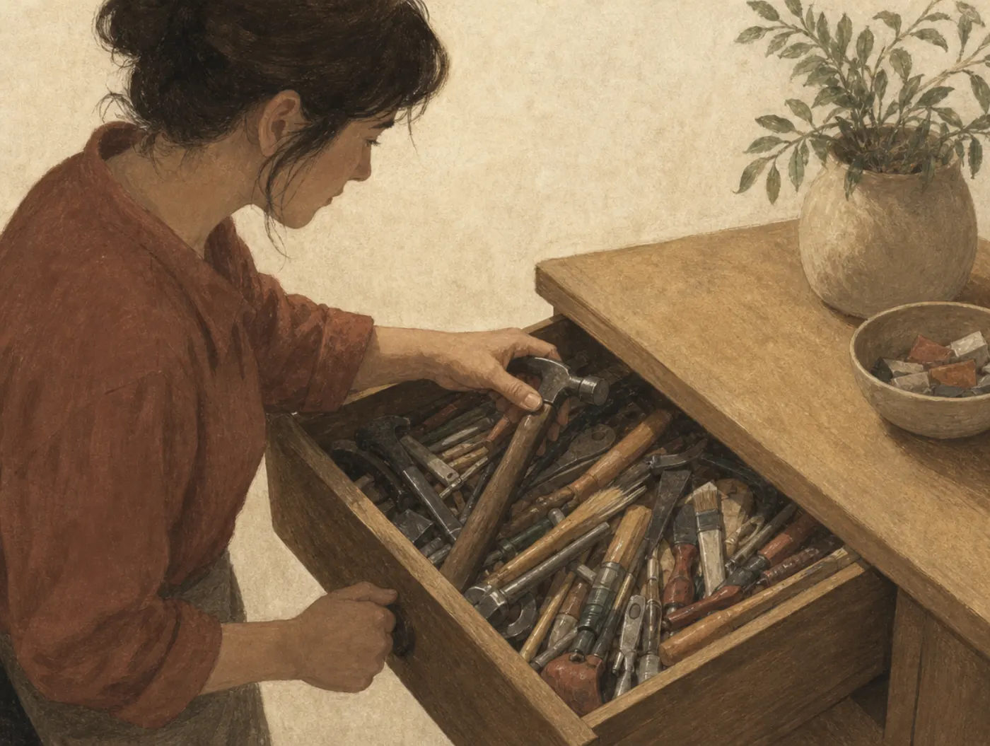 A woman lifts a hammer from a crowded tool drawer, where the other tools lie tangled beneath the spot it occupied and harder to reach because of it.