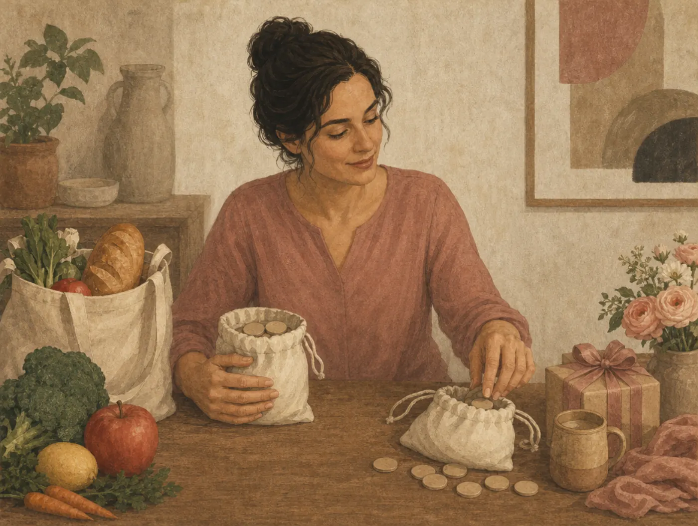 A woman hugs one pouch of tokens close beside her groceries while scattering identical tokens freely from a second pouch beside a wrapped gift.