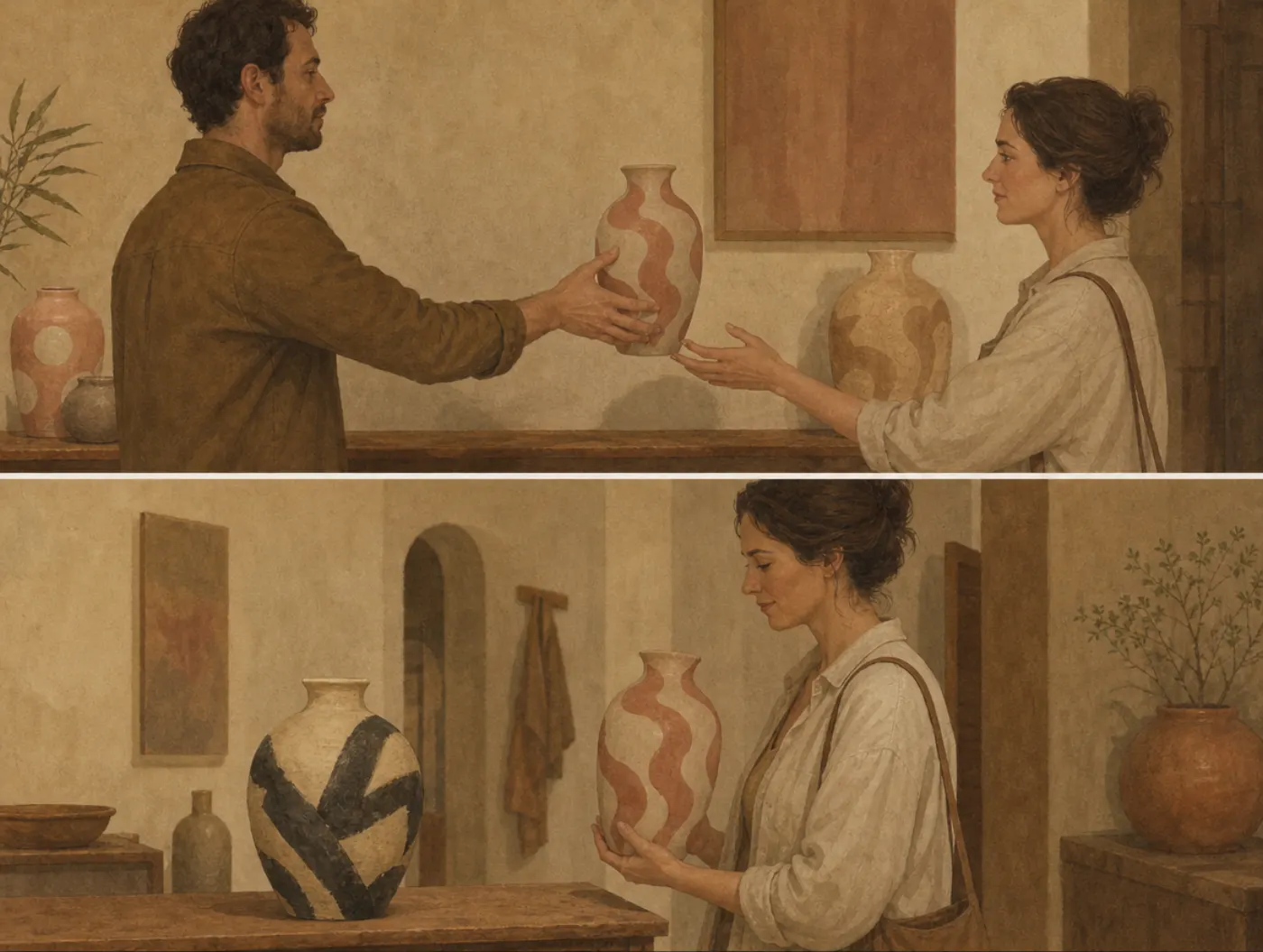 Two panels: a woman regards a wavy-patterned vase neutrally when first handed it; later, at home, she holds it close and leaves an unfamiliar vase.