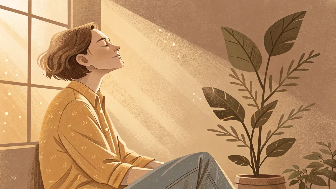 Illustration of a person practicing mindfulness and meditation, breathing calmly in a sunlit room