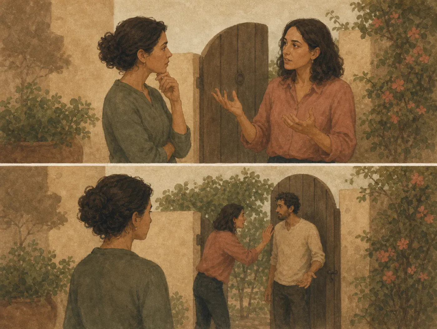 Misattribution of memory: a story heard, remembered as a scene witnessed Two panels: a woman listens at a garden gate as a friend describes an argument; in her later recollection, she is standing there watching it happen.