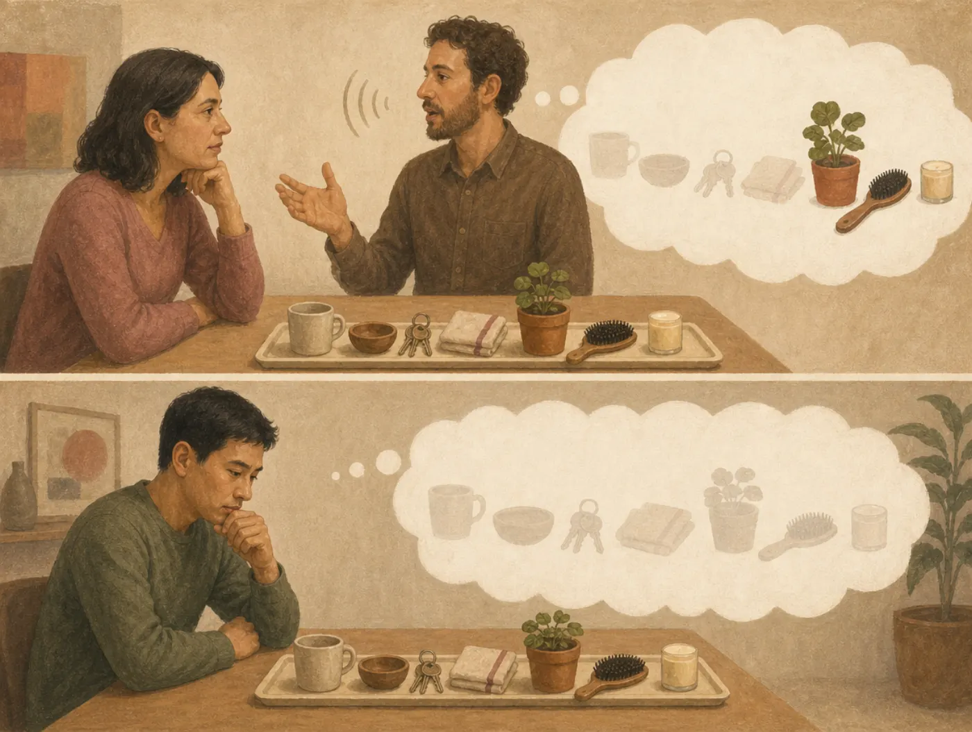 Modality effect: a heard list keeps its ending, a read list does not Two panels: a woman hears a man name the objects on a tray and the last few stay sharp in her thought bubble; a silent reader recalls them all faintly.