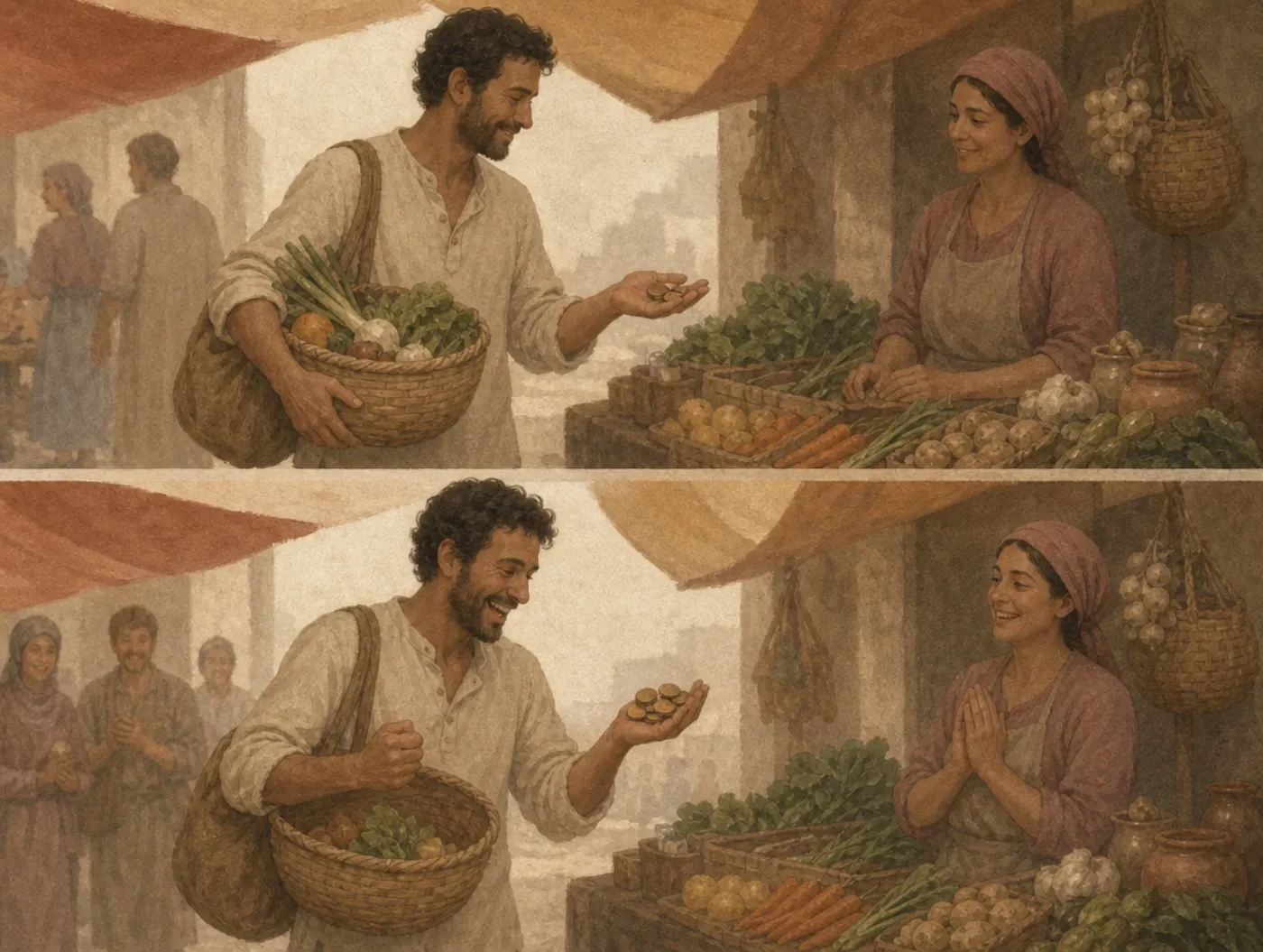 Money illusion: more coins in hand, less food in the basket Two panels at one vegetable stall: a man leaves content with a few coins and a full basket; later he beams at more coins while his basket holds less.