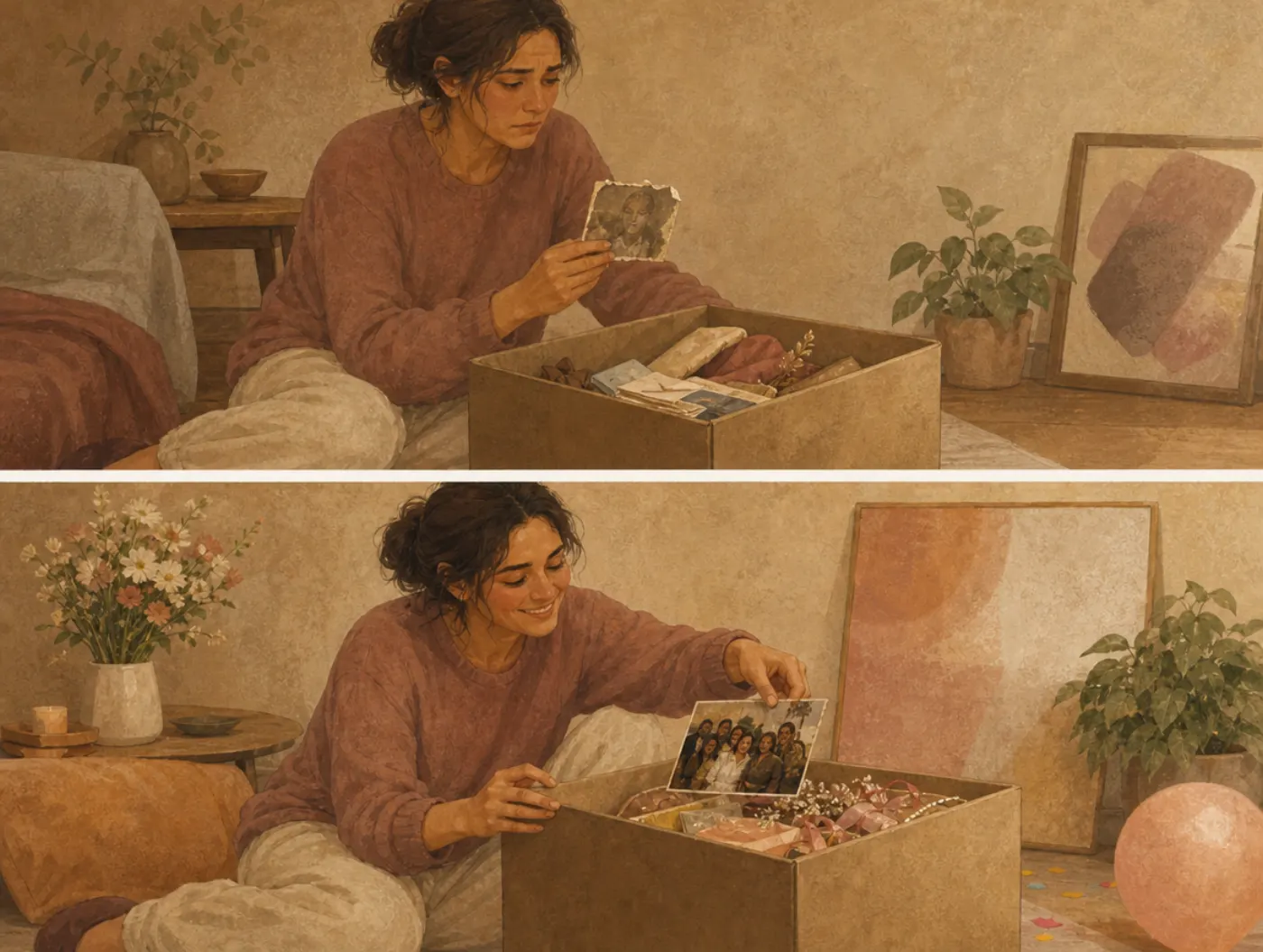 Mood-congruent memory bias: the box is the same, the mood picks the photo Two panels, one keepsake box: a sad woman lifts out a faded, torn photograph; in a brighter mood she pulls out a photograph of a crowded celebration.