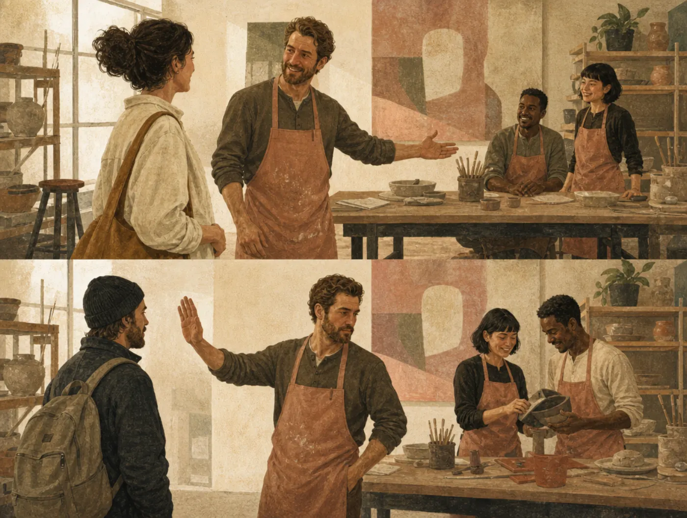 Moral credential effect: one welcome, then a license to turn the next away Two panels in a pottery studio: the leader greets a newcomer with open arms; later he raises a flat palm to turn a second newcomer away.