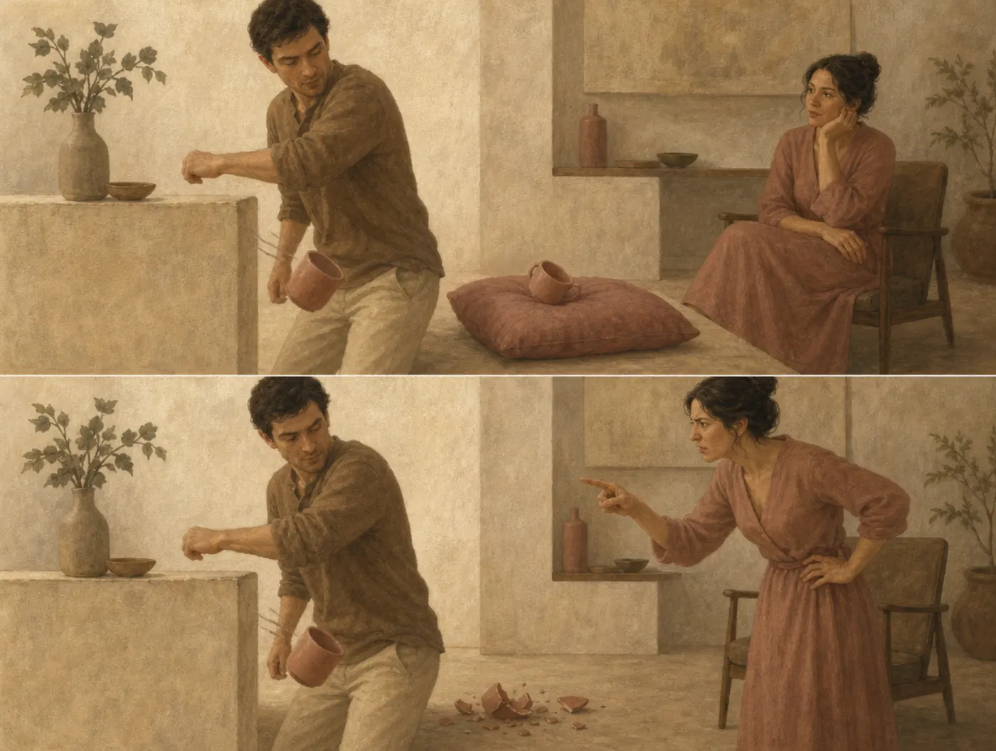Two matched scenes of an elbow knocking a cup off a ledge: it lands on a cushion and the onlooker barely reacts; it shatters and she points in anger.
