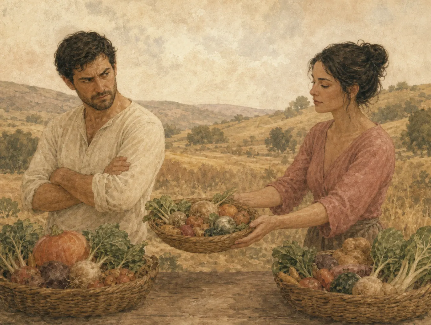 A woman holds out an evenly filled basket from a shared harvest while the man receiving it folds his arms and eyes her with suspicion.