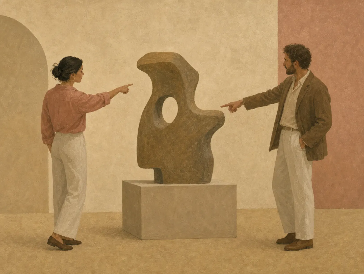 Naive realism: two views of one sculpture, each sure it is the whole A woman and a man on opposite sides of an abstract stone sculpture each point firmly at a different feature visible only from where they stand.