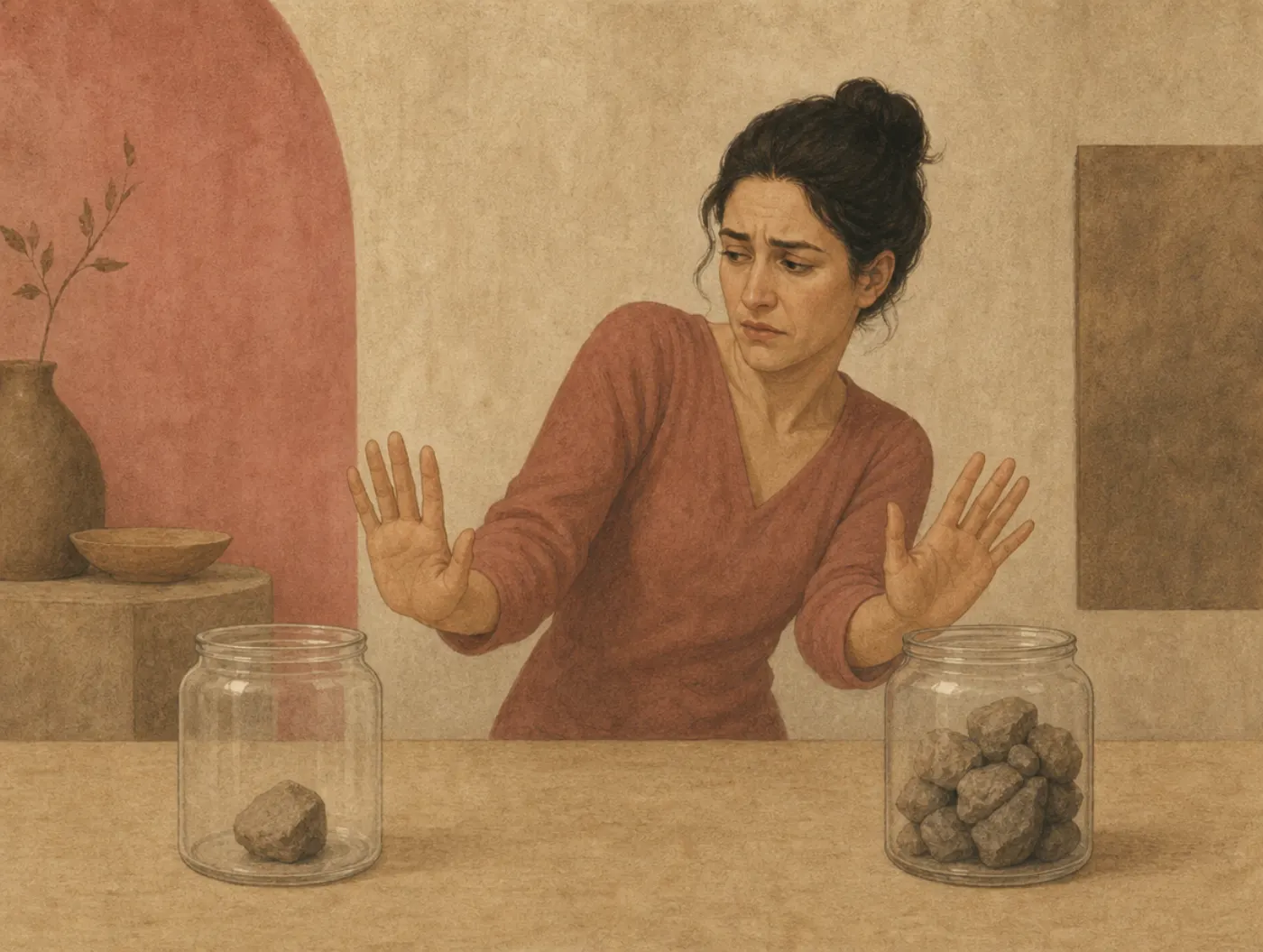 A woman flinches back from two identical glass jars with both palms raised: one jar holds a single rough stone, the other is heaped with them.
