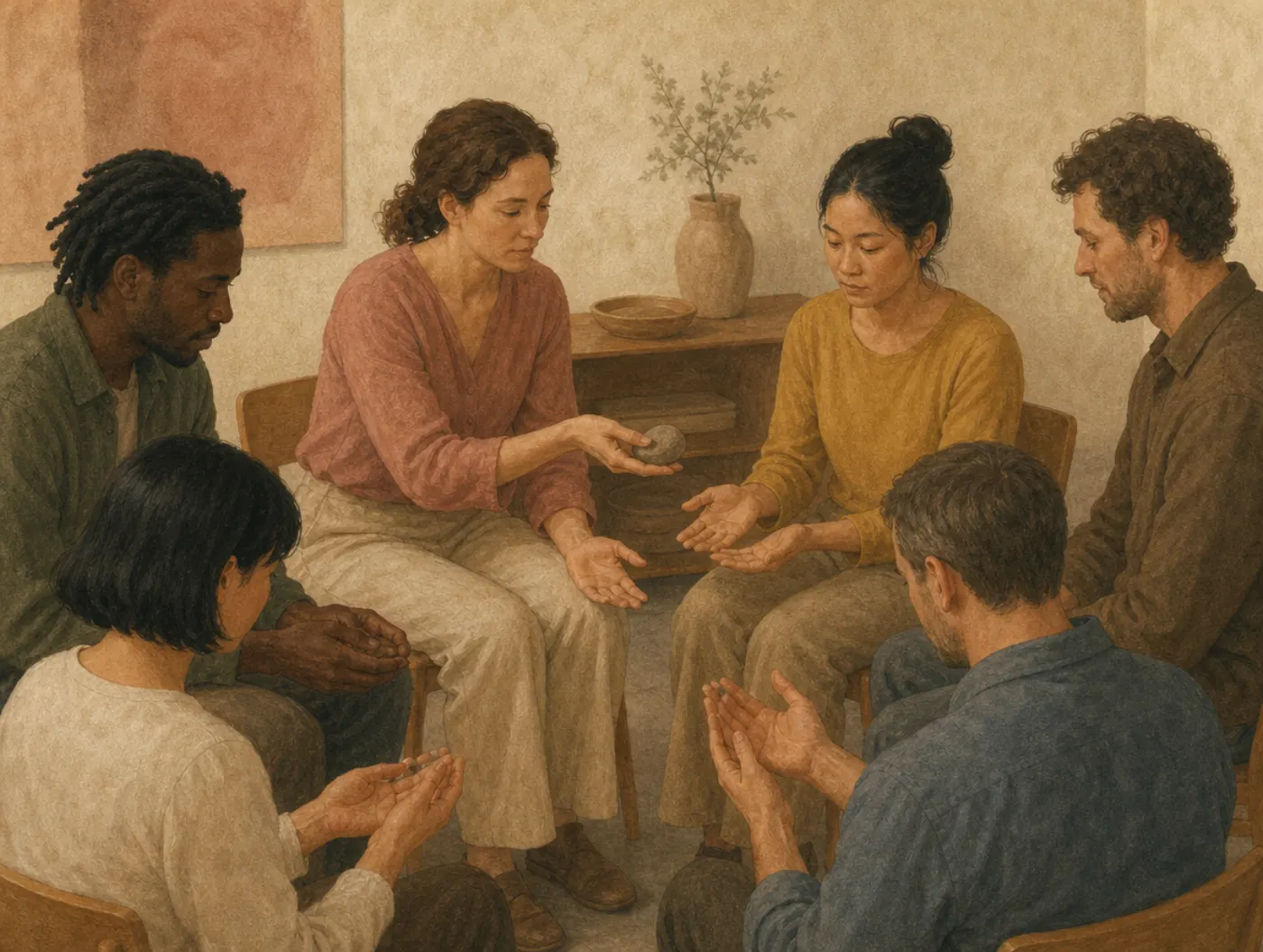 Next-in-line effect: the turn before yours is the one you lose In a seated circle, a woman demonstrates a gesture with a stone while the person due next stares at her own cupped hands, rehearsing, and misses it.