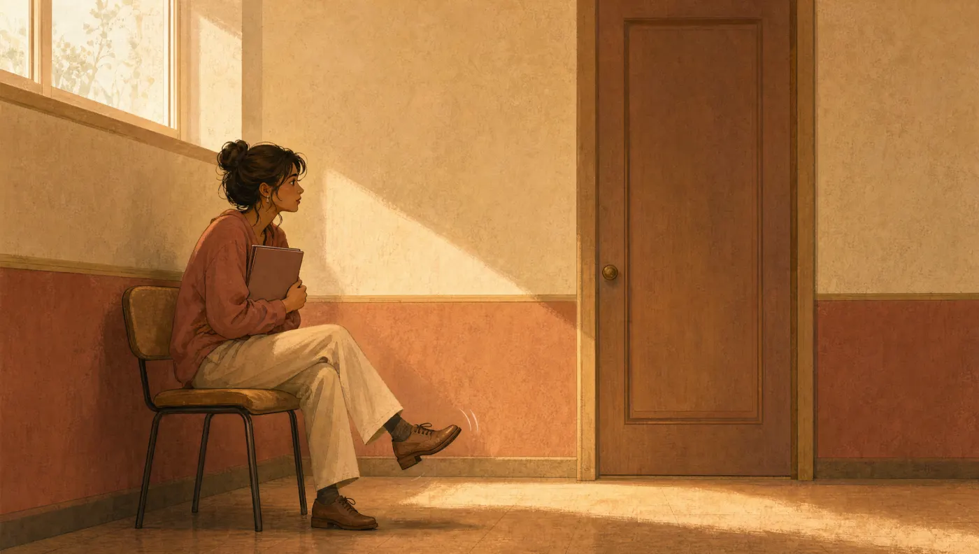 Illustration of a person waiting on a chair in a quiet corridor before a closed door, holding a folder