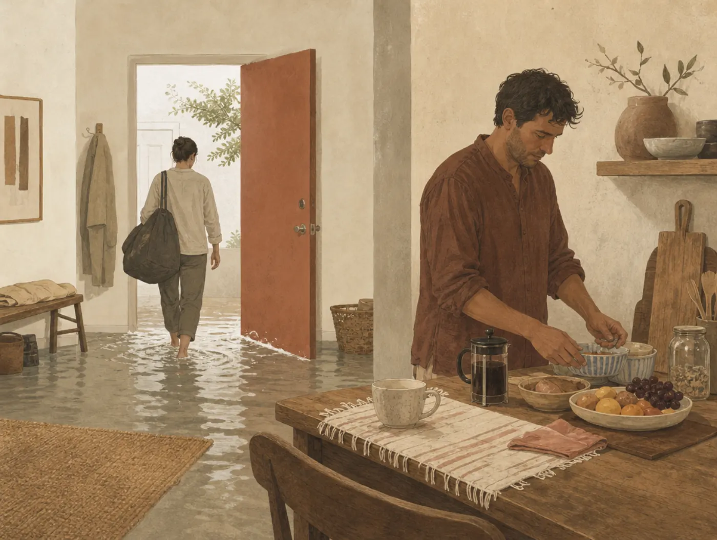 A man calmly lays out breakfast while floodwater spreads across the floor from the open front door, through which a companion is already wading out.