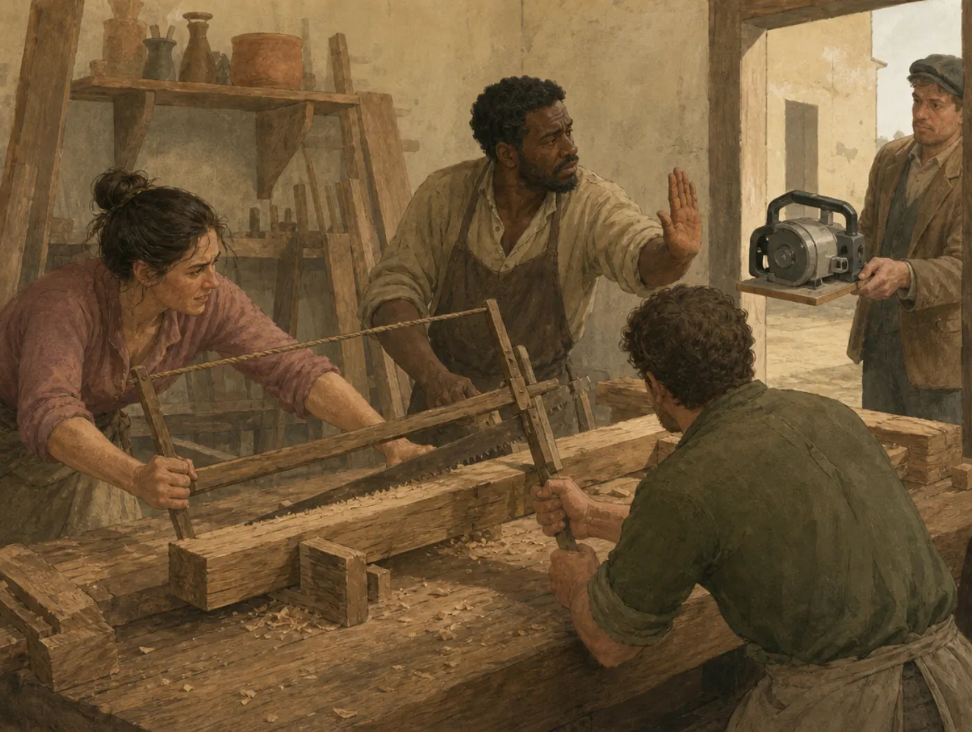 A workshop team labors with a clumsy frame saw while one of them raises a flat palm to a visitor in the doorway holding out a ready-to-use power saw.