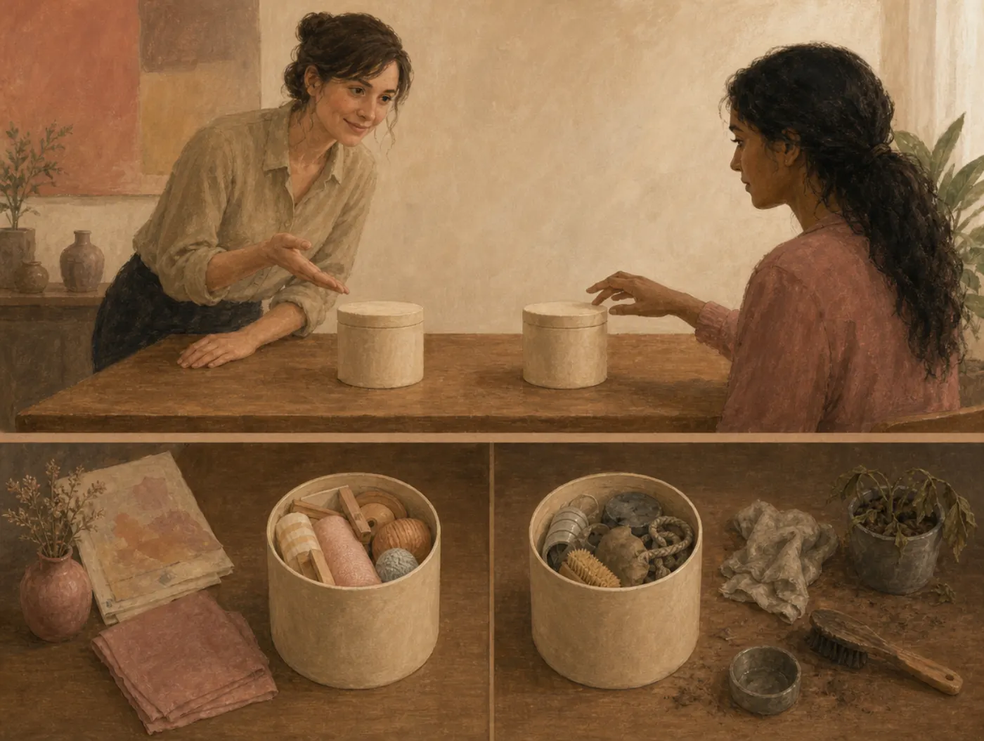 A researcher leans across the table, smiling and opening a hand toward one of two identical containers, as the participant's fingers settle on it.