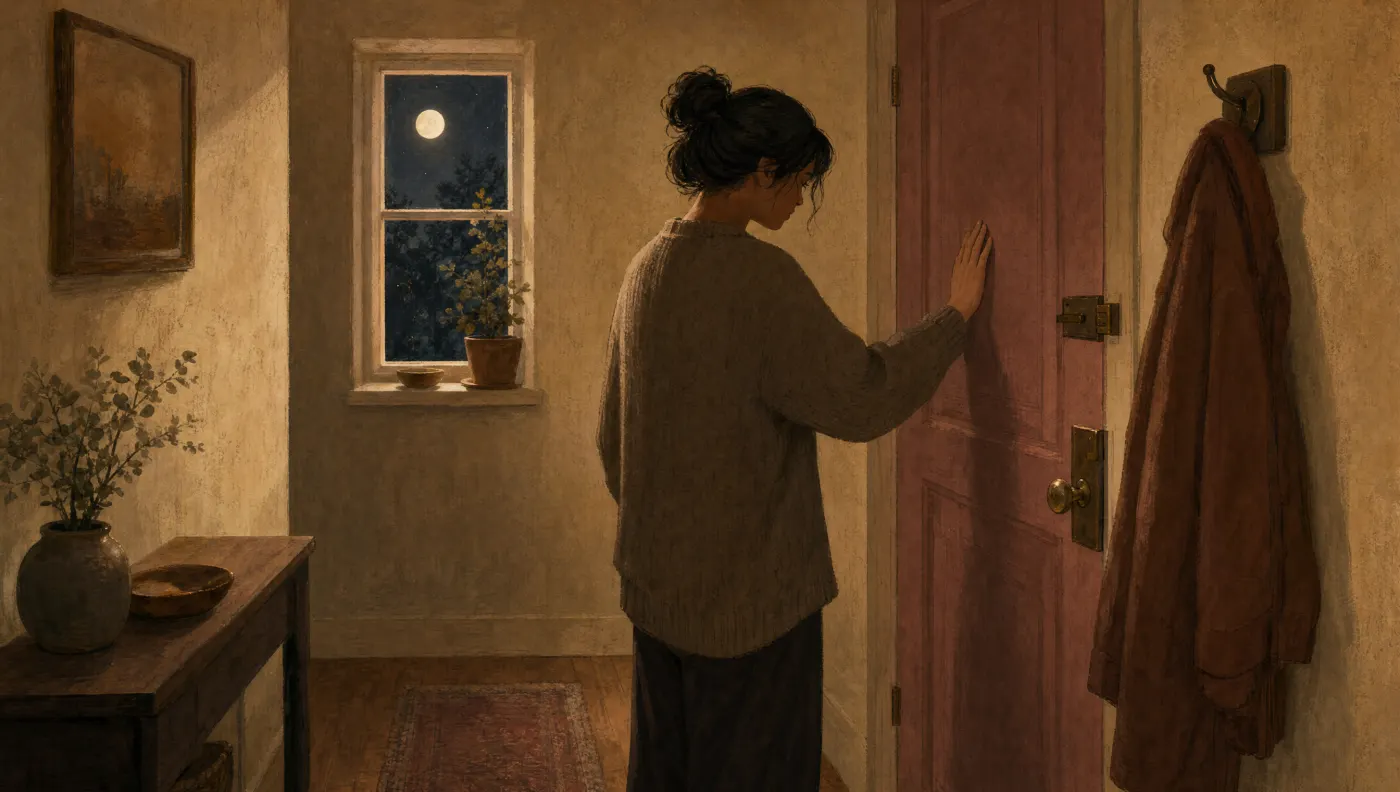 Illustration of a person standing in a dark hallway with one hand on a locked front door