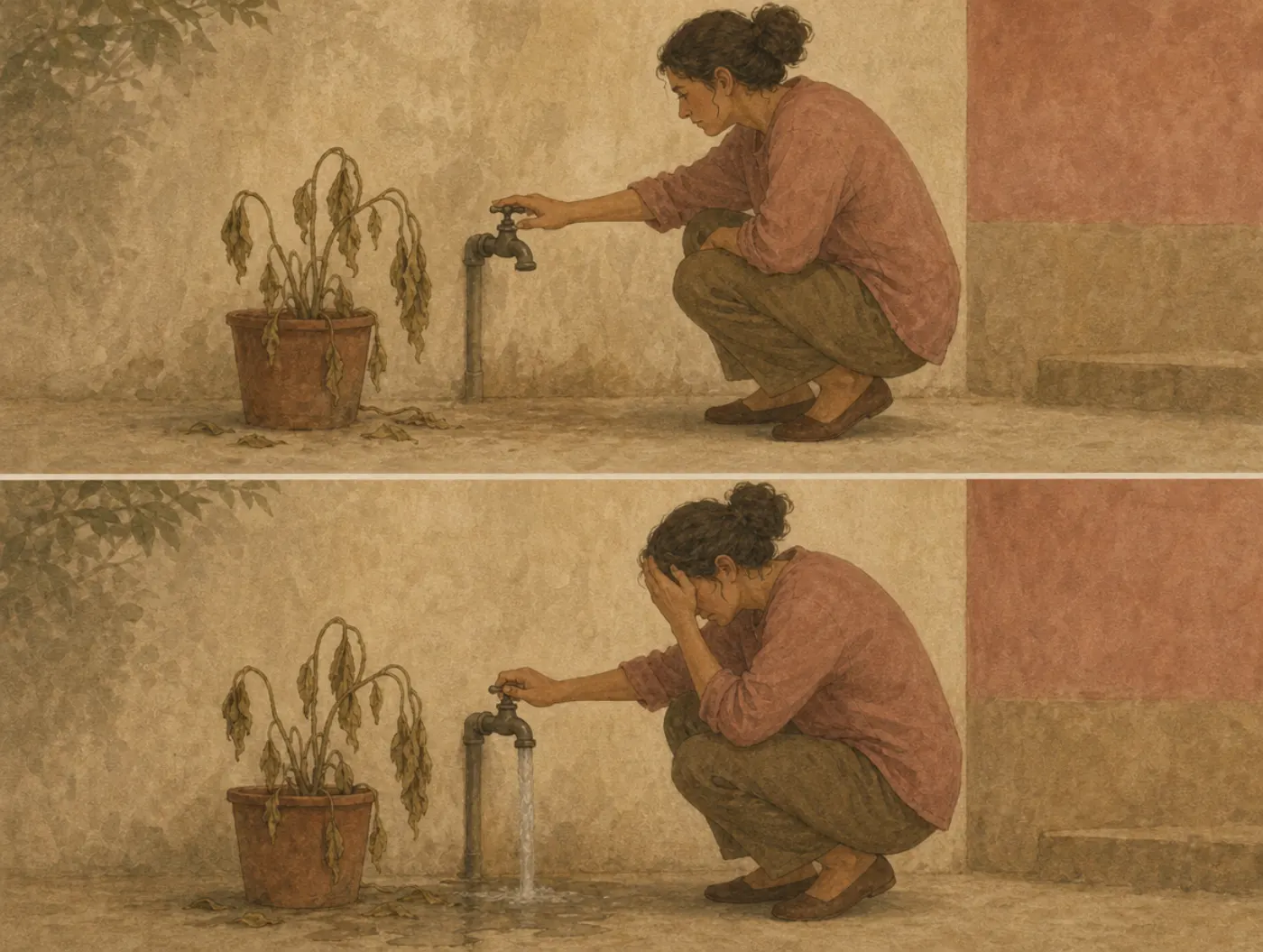 Two panels at one tap: a woman holds the valve closed and the plant droops; she opens it, the plant droops just the same, and she hides her face.
