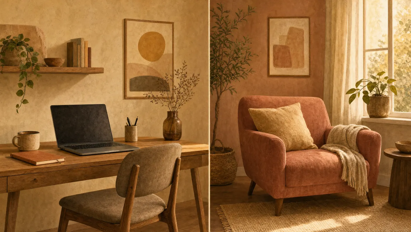 Illustration of one room with a laptop on a desk on one side and an armchair by a window on the other