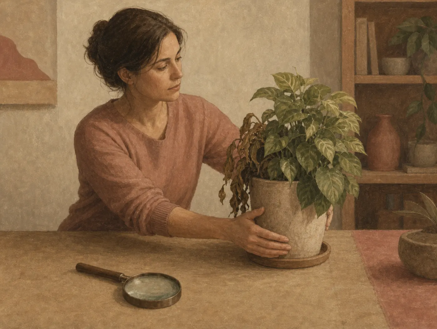Ostrich effect: turning the dead leaves to the wall A woman turns a potted plant so that its dead, browning side faces away from her, leaving the magnifying glass on the table untouched.