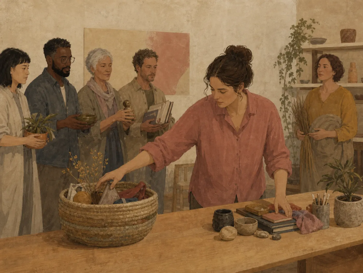 A woman lays out her own group's belongings one by one across a table while sweeping the visitors' equally varied objects into a single basket.