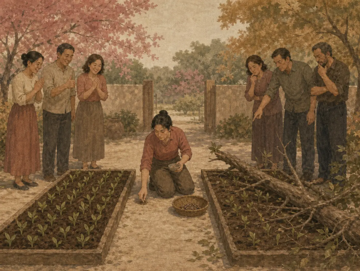 Outcome bias: the same planting, praised on one side and blamed on the other A gardener kneels between two beds she planted identically; the thriving bed draws applause, the bed crushed under a fallen branch draws frowns.