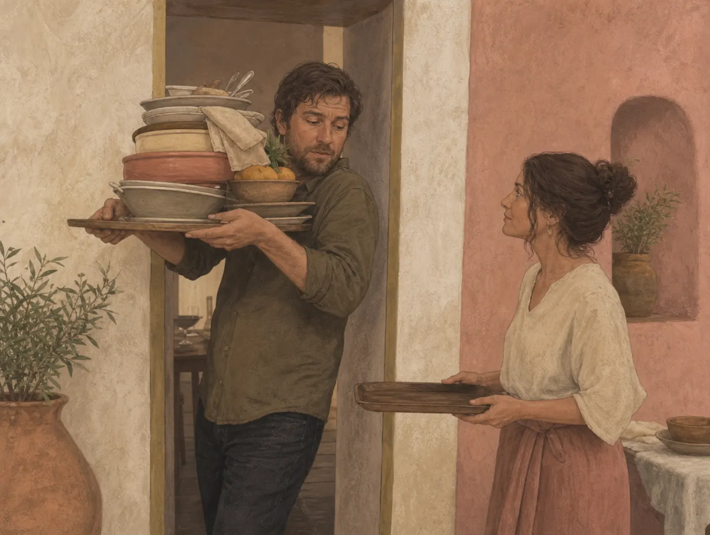 Overconfidence effect: a tray wider than the door he is sure he can clear A man edges an overloaded tray of stacked dishes through a doorway narrower than the tray, while a woman behind him quietly holds out a smaller tray.