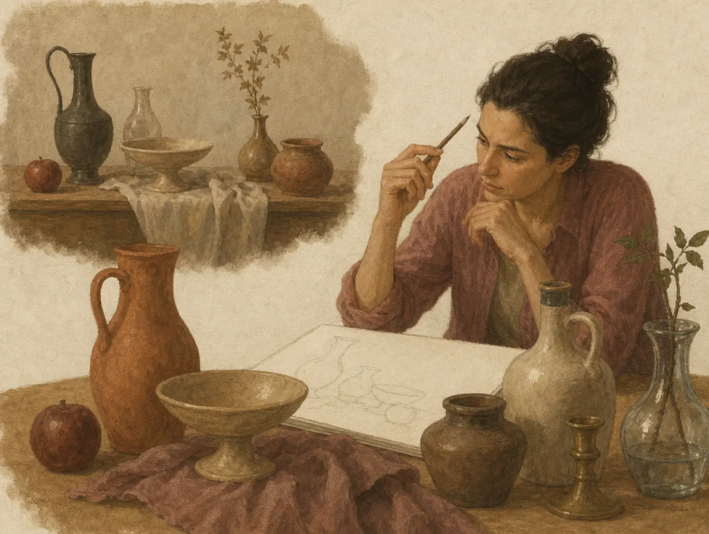 A woman tries to sketch a remembered shelf of objects while a jug, a bowl and bottles supplied as reminders crowd her desk, the sketch mostly blank.