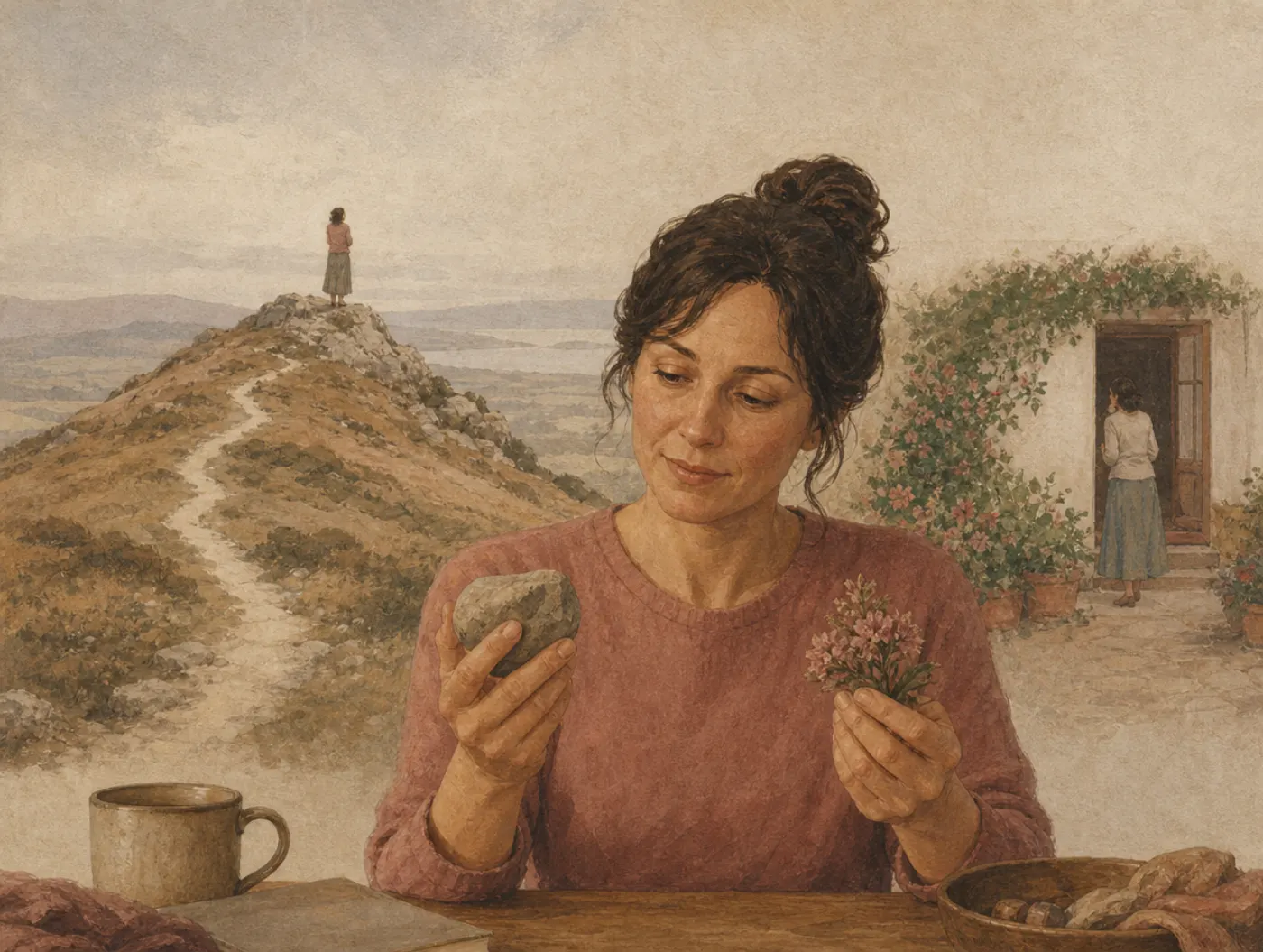 Peak-end rule: a walk remembered by its summit and its welcome A woman recalling a long walk holds a stone from its hilltop in one hand and flowers from the doorway where it ended in the other, the path fading.