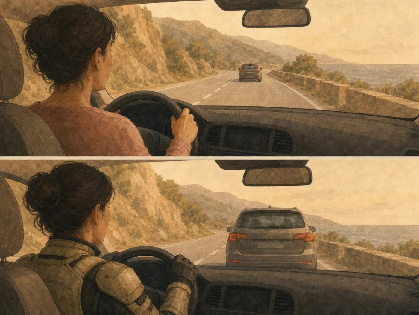 Two panels from the driver's seat: in ordinary clothes she leaves a long gap to the car ahead; in heavy protective armor she follows it closely.