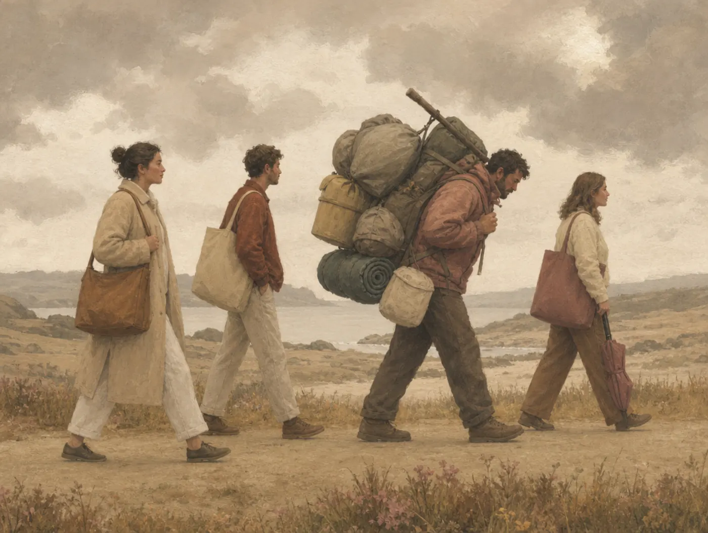 Pessimism bias: packing for disaster on a walk the others take lightly Four walkers on a coastal path under the same gray sky: three carry light bags, while one is bent under a towering bundle of storm gear and bedrolls.