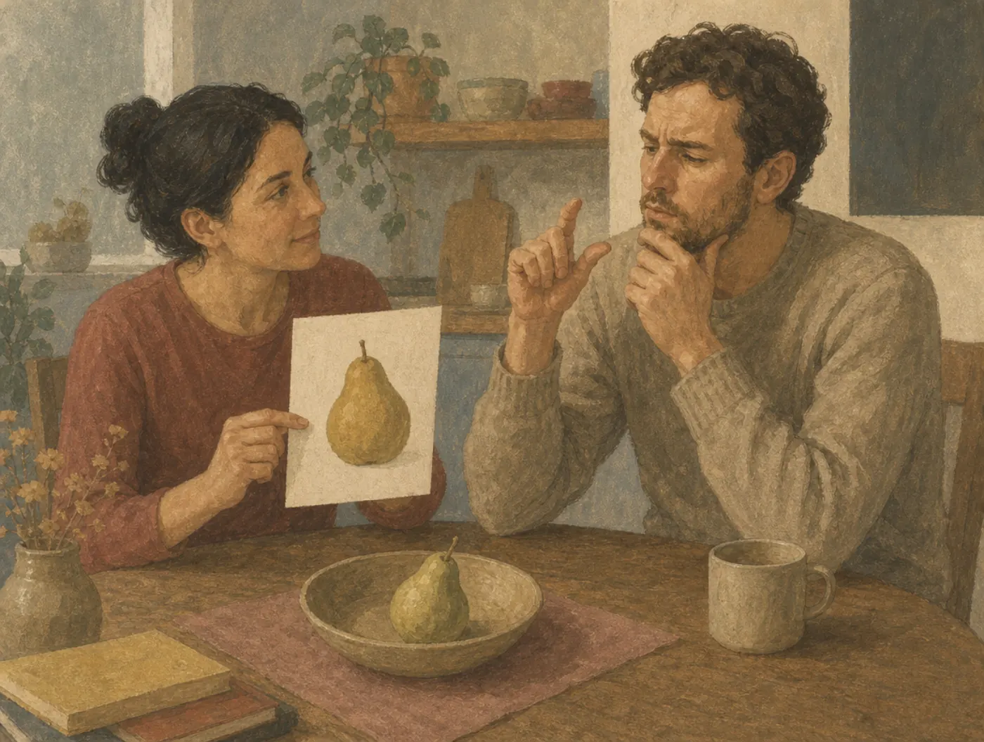 A woman holds up a plain drawing of a pear; across the table a man working only from words strains to call the fruit to mind, a pear between them.