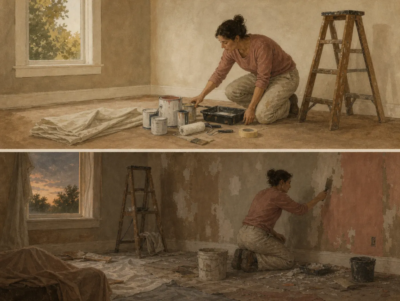 Two panels of one small room: a woman lays out a few paint tins in morning light; at dusk the walls are stripped and the floor buried in plaster.