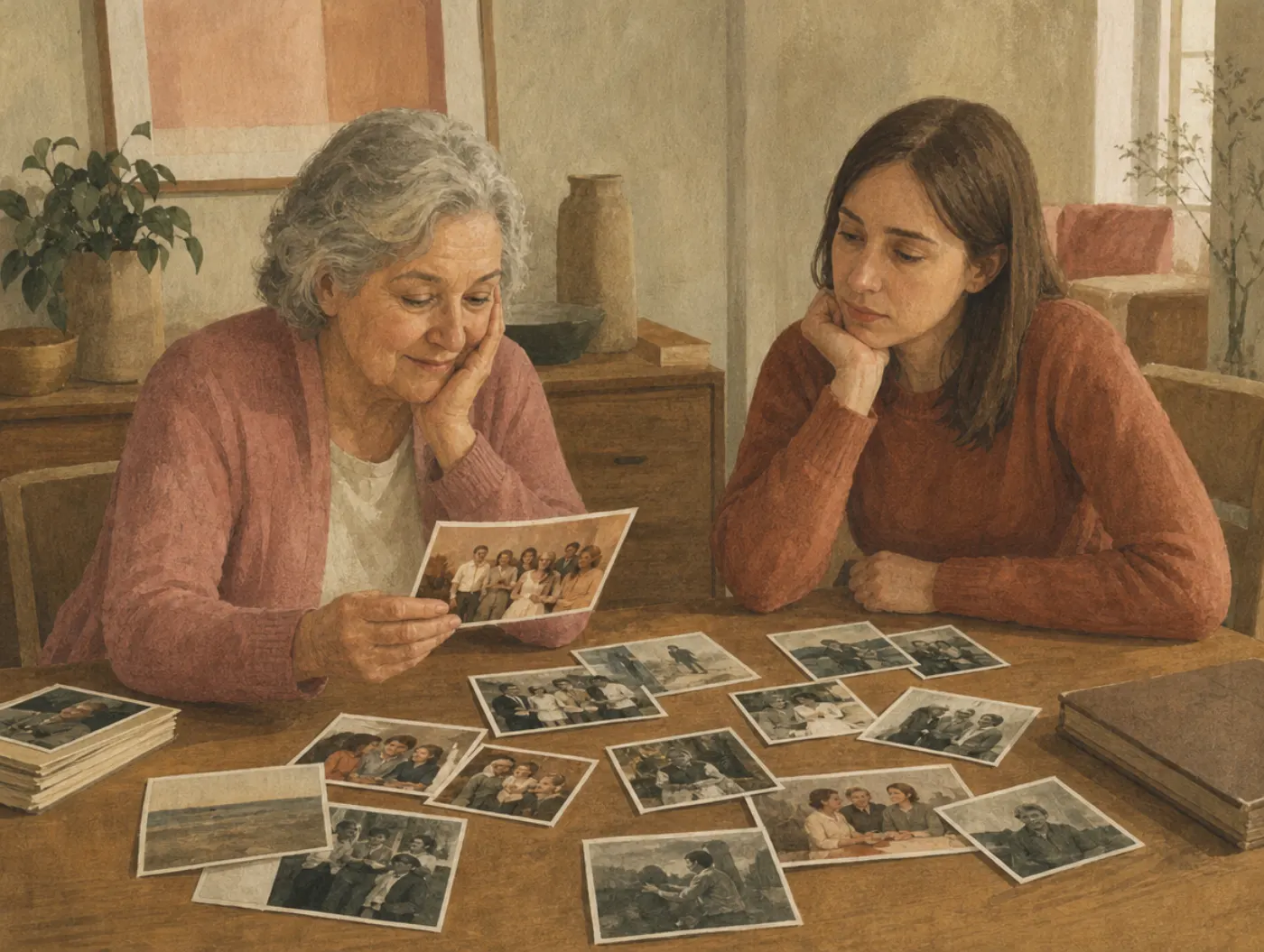 Positivity effect: the same photos, the older eye settles on the warm one An older woman smiles softly over a photograph of a family gathering while a younger woman beside her frowns at the same spread of mixed photos.