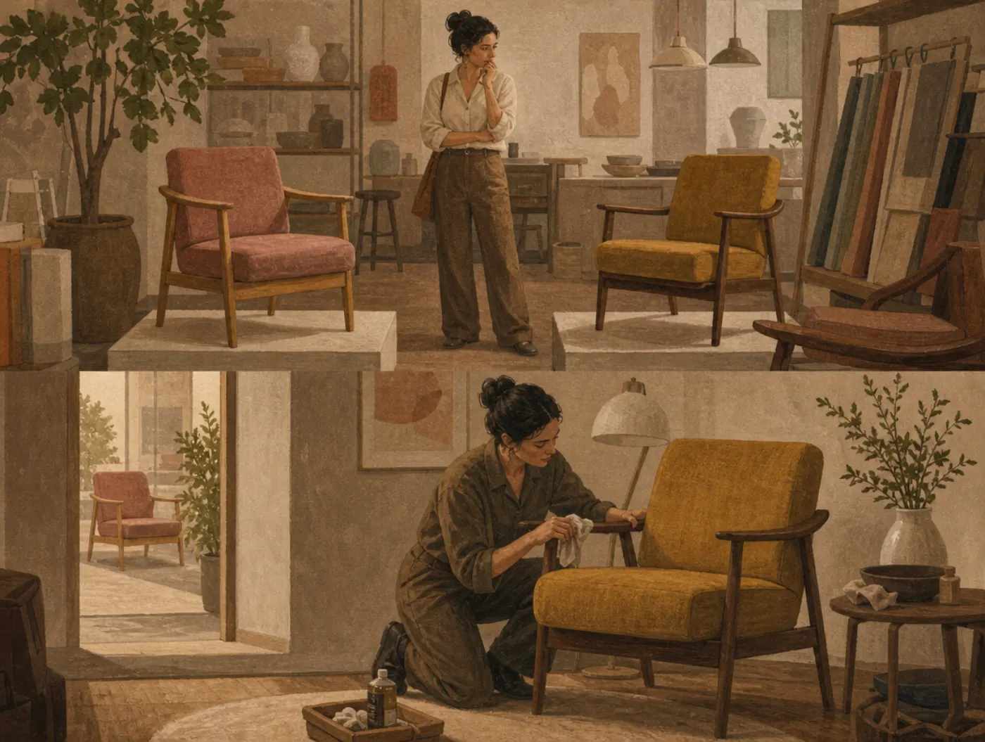 Two panels: a shopper stands undecided between a rose chair and a mustard chair; at home she polishes the mustard one while the rose one sits unsold.
