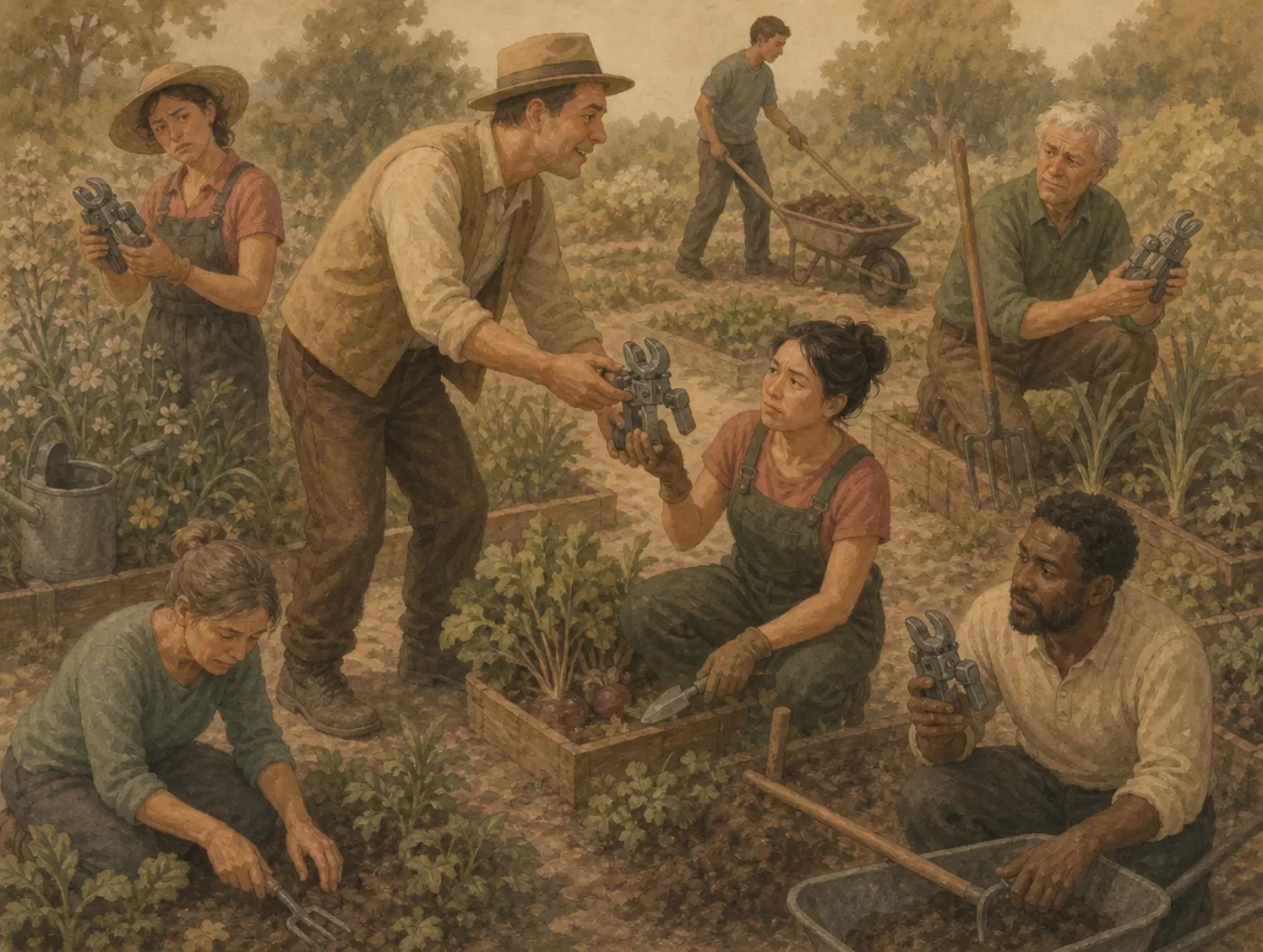 A beaming man in a hat presses the same mechanical gadget on every gardener in the plot, while each looks at it doubtfully from a different task.