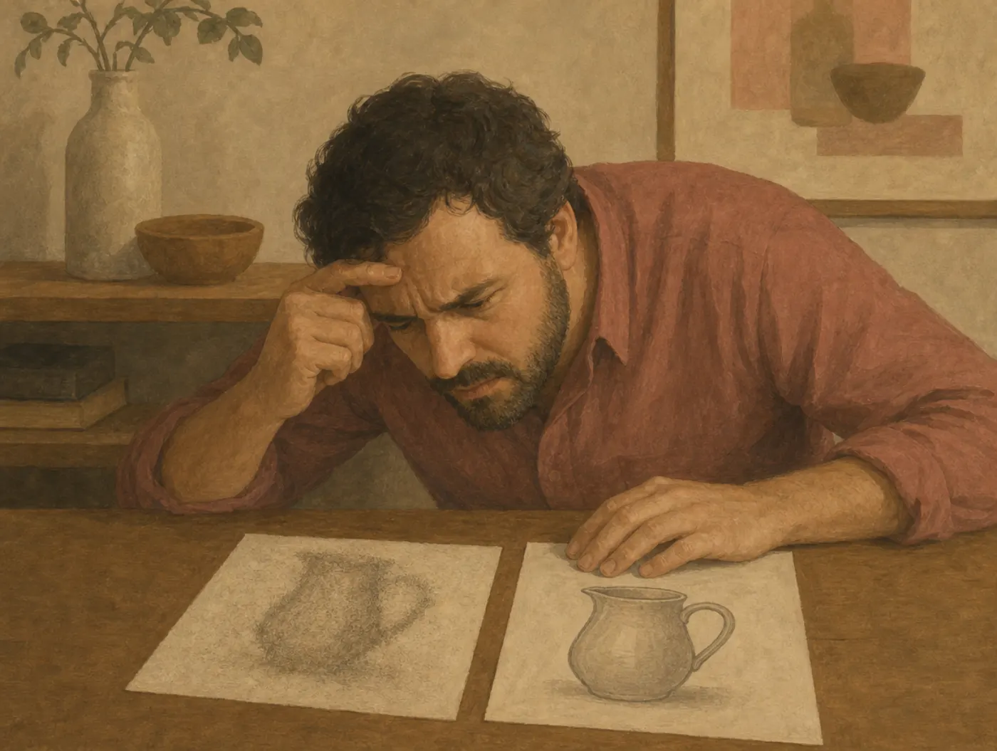A man squints with a hand to his brow at a grainy, indistinct drawing of a jug placed beside a crisp drawing of the same jug.