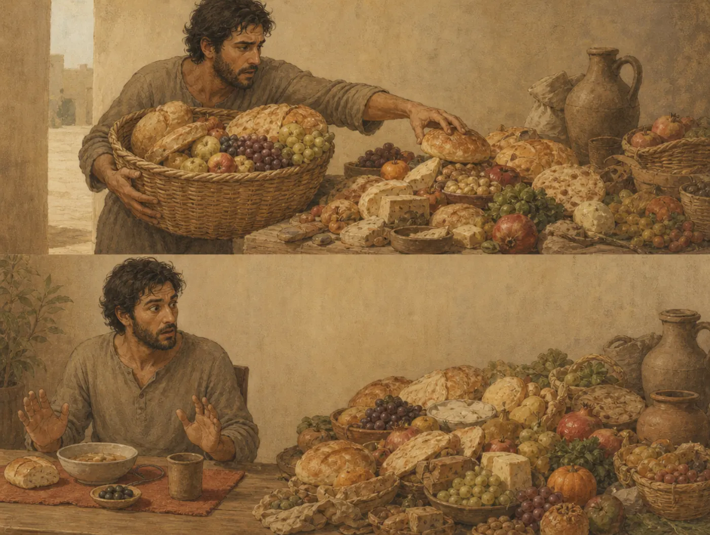 Projection bias: shopping hungry, buying for a hunger that passes Two panels: a hungry man heaps a basket with bread and fruit at a market stall; later, fed and at his table, he throws up his hands at the surplus.